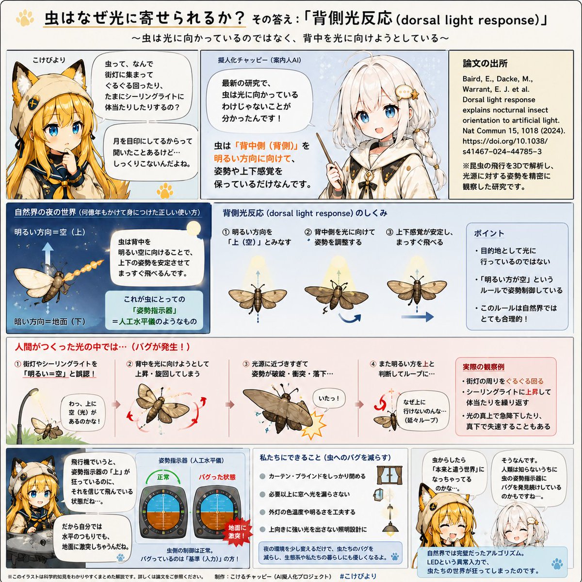 syumari2016's tweet photo. 長年の不思議をチャッピーが最新論文で教えてくれたよ。
Q.『虫はなぜ光に寄せられるか？』

A.明るい方向＝空と誤認しているから。 https://t.co/81COaOvQbS