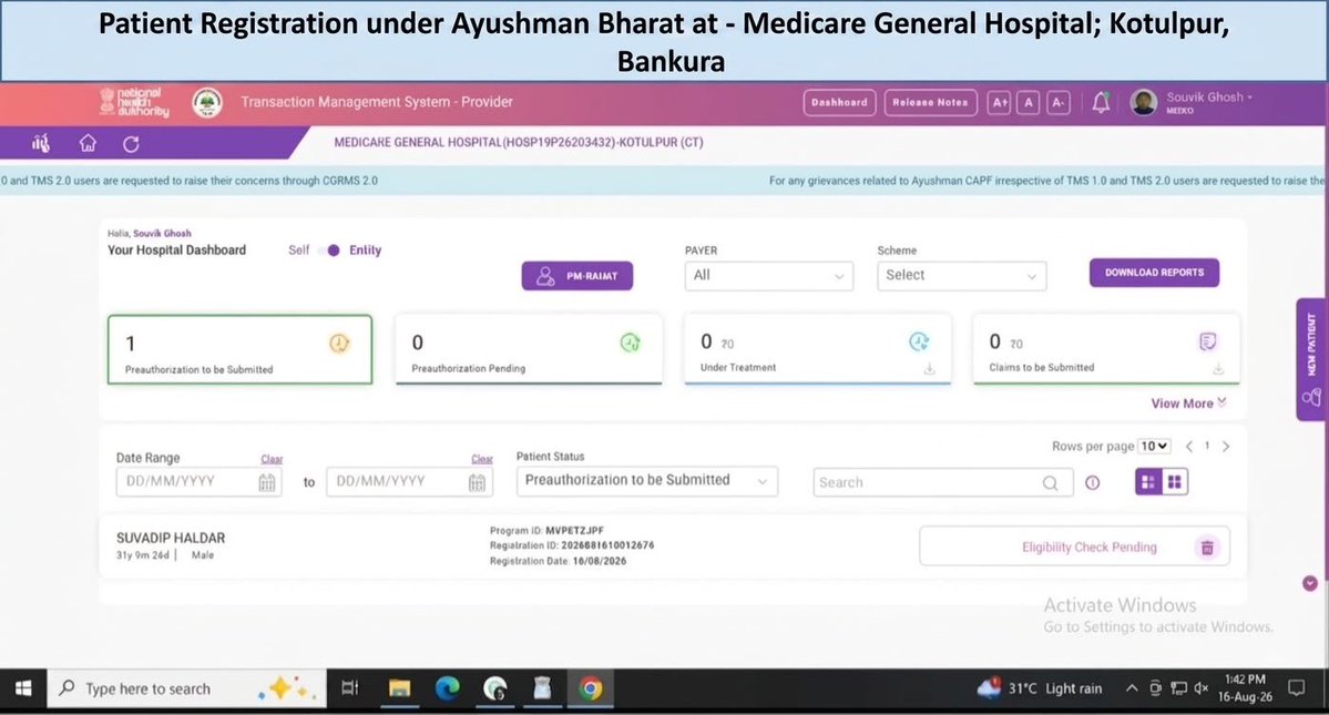 SuvenduWB's tweet photo. A Historic Milestone for Healthcare in West Bengal 🩺

West Bengal has taken a major leap forward in healthcare infrastructure with the successful implementation of the Ayushman Bharat Scheme in West Bengal.
Today marks a momentous day as the 1st Patient Registration under the scheme was officially completed at Medicare General Hospital, Kotulpur, Bankura. 

This initiative, which is Hon'ble PM Shri @narendramodi Ji’s visionary healthcare scheme,  opens a brand-new horizon of world-class, accessible and cashless healthcare facilities for the People of our State, ensuring that financial constraints never stand in the way of receiving quality medical treatment.
Our commitment to the health & well-being of every Citizen remains absolute.
@PMOIndia @JPNadda @NitinNabin