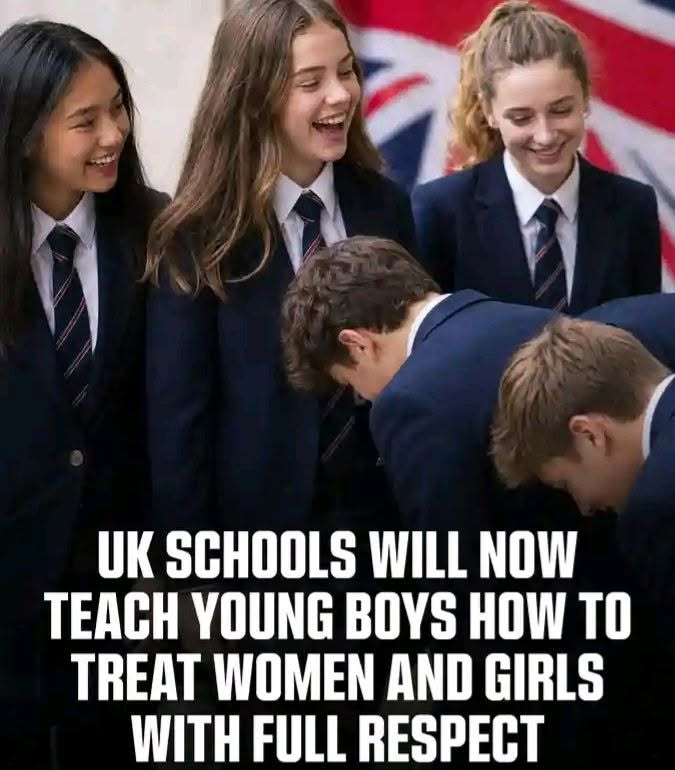 Robbie_Reasons's tweet photo. From September 2026 UK boys will be given lessons on respecting women and girls, with topics covering consent, coercion, online misogyny, and the difference between healthy and controlling relationships.

I don't understand why their parents aren't teaching them this. https://t.co/yaJilWES8L
