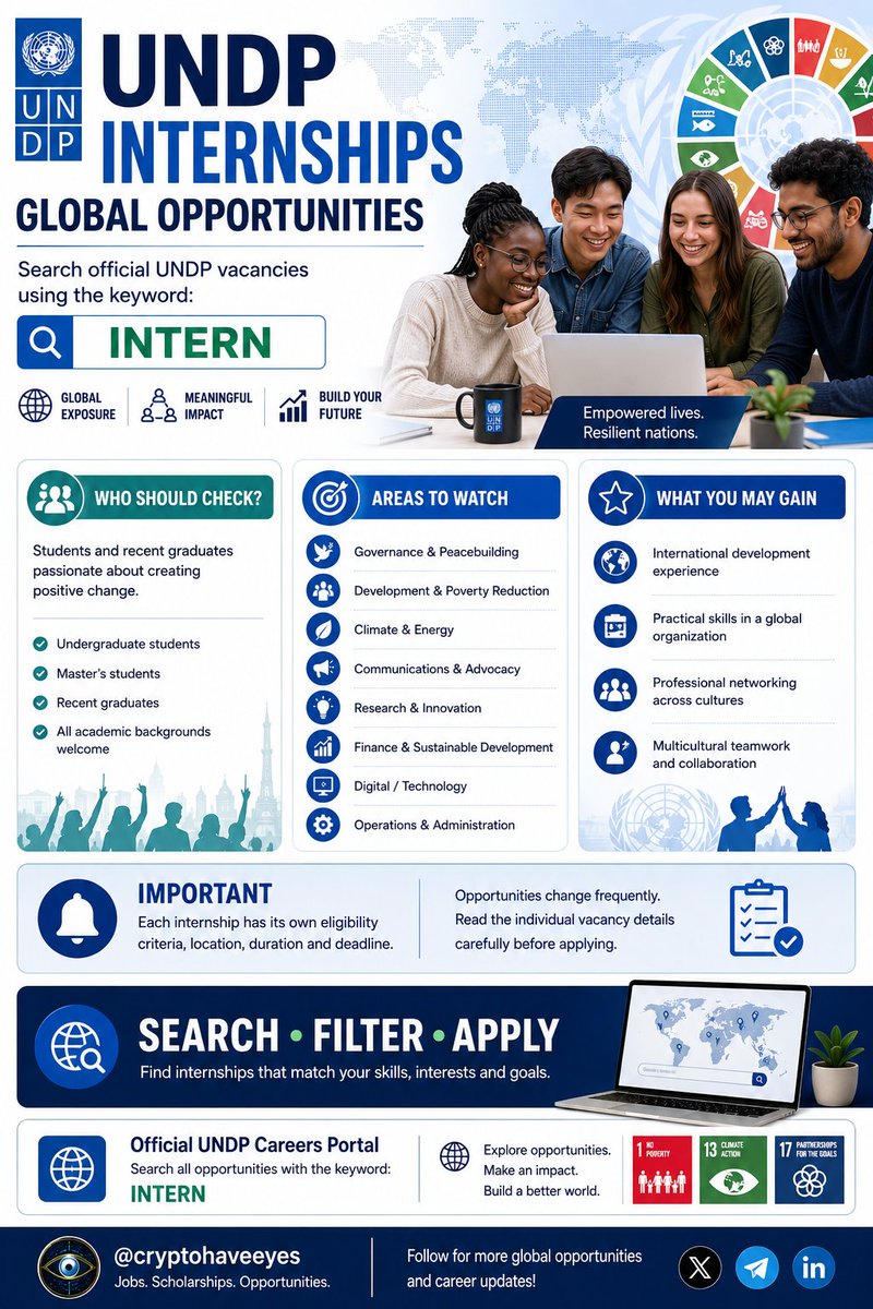 Cryptohaveeyes's tweet photo. 🚨 UNDP INTERNSHIPS ARE OPENING DOORS FOR YOUNG PROFESSIONALS 🌍

Looking for an internship with the United Nations?

Don’t just search randomly.

The official @UNDP careers portal lets you search specifically for INTERNSHIP opportunities across different areas and locations.

🔎 Search keyword: INTERN

Some areas you may find opportunities in:

🌍 International Development
📊 Governance & Peacebuilding
🌱 Climate & Energy
💻 Digital & Technology
📣 Communications
🔬 Research & Innovation
💰 Finance & Sustainable Development
⚙️ Operations & Administration

Why should you care?

An UNDP internship can give you:

✅ Practical experience in an international development environment
✅ Exposure to global projects and development issues
✅ Professional networking opportunities
✅ Experience working in multicultural teams
✅ Skills that can strengthen your CV
✅ A chance to understand how international organizations operate

⚠️ IMPORTANT:

There is no single eligibility rule for every UNDP internship.

Requirements, academic level, location, duration, stipend arrangements and deadlines can vary by vacancy.

For example, UNDP internship guidance states that internships are intended to complement students’ studies, and specific vacancies can require particular academic backgrounds or skills.

🎯 HOW TO FIND THEM:

1️⃣ Open the official UNDP Careers portal
2️⃣ Search for “intern”
3️⃣ Filter by location/category where available
4️⃣ Read the individual vacancy carefully
5️⃣ Check eligibility + deadline
6️⃣ Prepare your CV and required documents
7️⃣ Apply through the official UNDP system

🌐 The opportunities change frequently, so bookmark the portal and check regularly.

🔁 REPOST this for a student or graduate looking for international opportunities.

Follow @cryptohaveeyes for scholarships, internships, remote jobs and global career opportunities.

@UNDP @UNDP_Africa @UNYouthEnvoy

#UNDP #UNInternships #Internships #Internship #UnitedNations #CareerOpportunities #Students #Graduates #YouthOpportunities #InternationalDevelopment #Jobs #Africa #CareerTips #Scholarships
