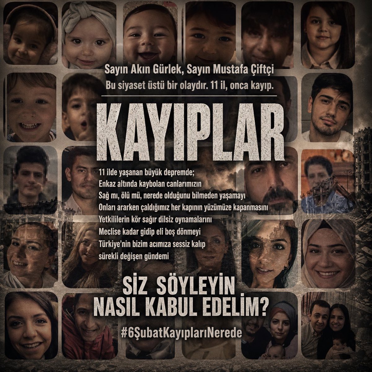 6subatkayiplari's tweet photo. #17Ağustos
#06subat
27 yıldır aynı hasret.
Aynı suskunluk.
Aynı “yok” cevabı.
1999’da kaybolan çocuklar hâlâ kayıp.
2023’te kaybolanlar da.
Hiçbir şey değişmedi.
Biz de aynı cezaya mahkûm edildik.
Kayıplarımız reddediliyor.
Sesimiz duyulmuyor.
Ama biz buradayız.
Hâlâ arıyoruz.
Hâlâ “çocuğumu istiyorum” diyoruz.
Bu platform o suskunluğa karşı.
Unutmuyoruz.
Vazgeçmiyoruz.