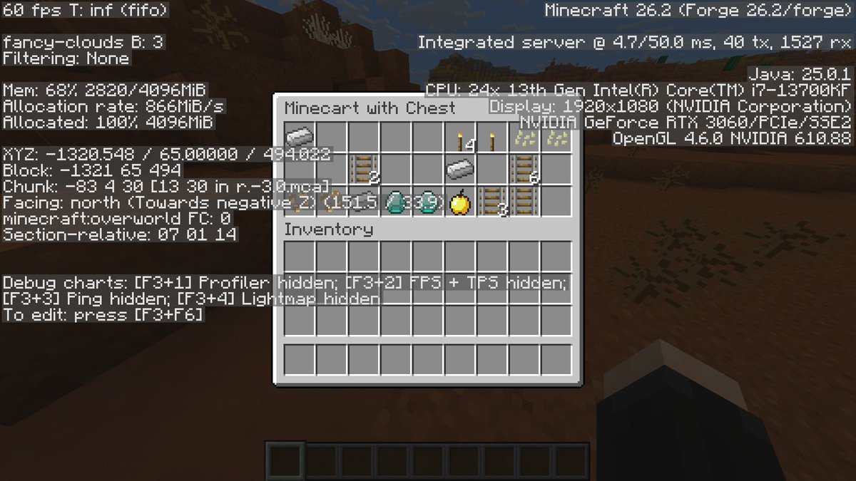 Ink2Buddy's tweet photo. 0% chances in #minecraft. 

I found a Breach IV Enchanted Book in a open Badlands Mineshaft in the open minecart and another chest with 2 diamonds. 

Are the 0% chances true though?

Minecraft World Seed - 8947241555626275877   
Java - Version 26.2 https://t.co/pwVS7AL5CR
