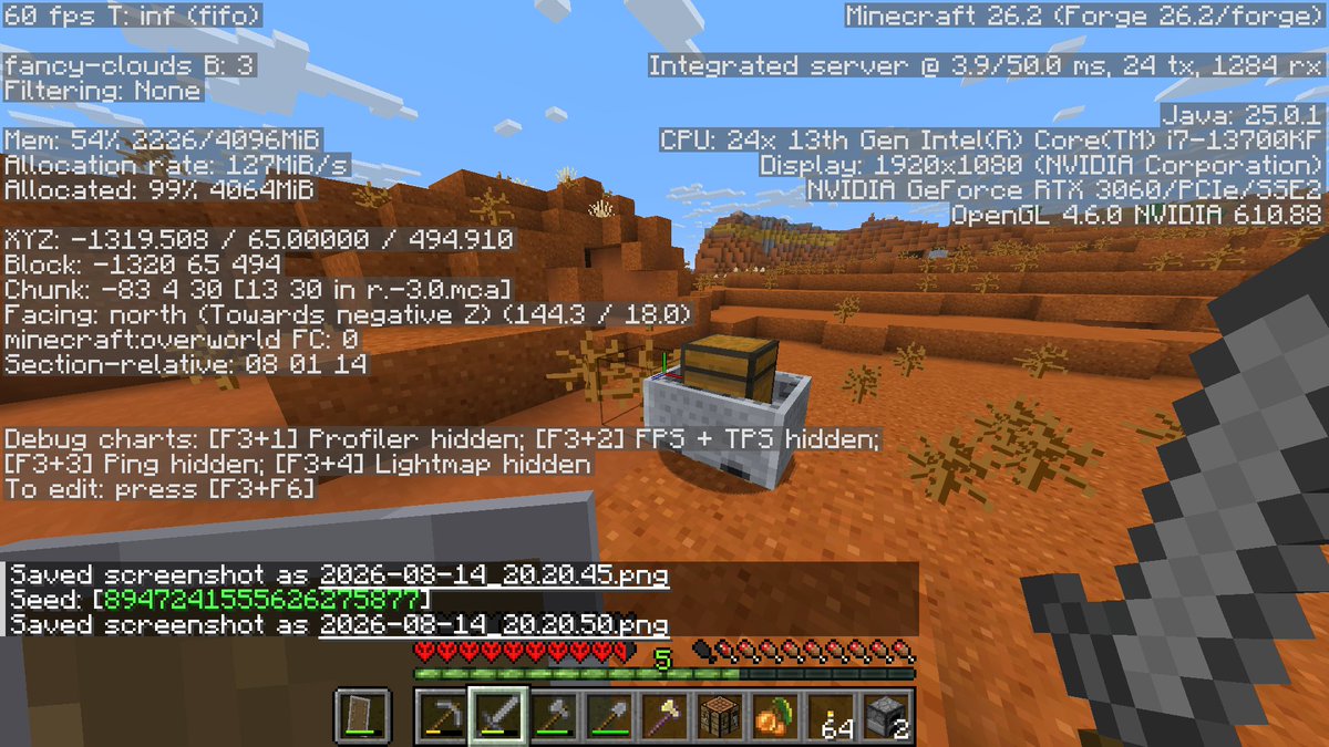 Ink2Buddy's tweet photo. 0% chances in #minecraft. 

I found a Breach IV Enchanted Book in a open Badlands Mineshaft in the open minecart and another chest with 2 diamonds. 

Are the 0% chances true though?

Minecraft World Seed - 8947241555626275877   
Java - Version 26.2 https://t.co/pwVS7AL5CR