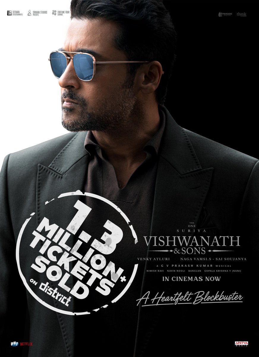 SitharaEnts's tweet photo. THE ONE & his supremacy β€οΈ
#VishwanathAndSons clocks 1.3 million+ tickets sold on @district_india π₯
#BlockbusterVAS
#BlockbusterVishwanathAndSons
@Suriya_offl #VenkyAtluri @_mamithabaiju @realradikaa @TandonRaveena @gvprakash @vamsi84 @NavinNooli @NimishRavi @Banglan16034849 @balajesaar #SaiSoujanya @ynakg2 @SitharaEnts @Fortune4Cinemas #SrikaraStudios @ThinkStudiosInd @adityamusic @PrimarkProd @PharsFilm