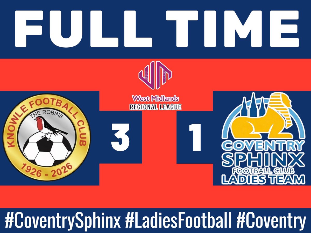 covsphinxladies's tweet photo. FULL TIME ⚽ 
It's an opening day defeat for the Sphinx Ladies. 
Time to regroup and move onto the next game. 
Well played Knowle and we wish you the best for the rest of the season.
🟥 Knowle FC 3
🟦 Coventry Sphinx 1 
#CoventrySphinx #LadiesFootball #Coventry https://t.co/gzKhw2jbGV