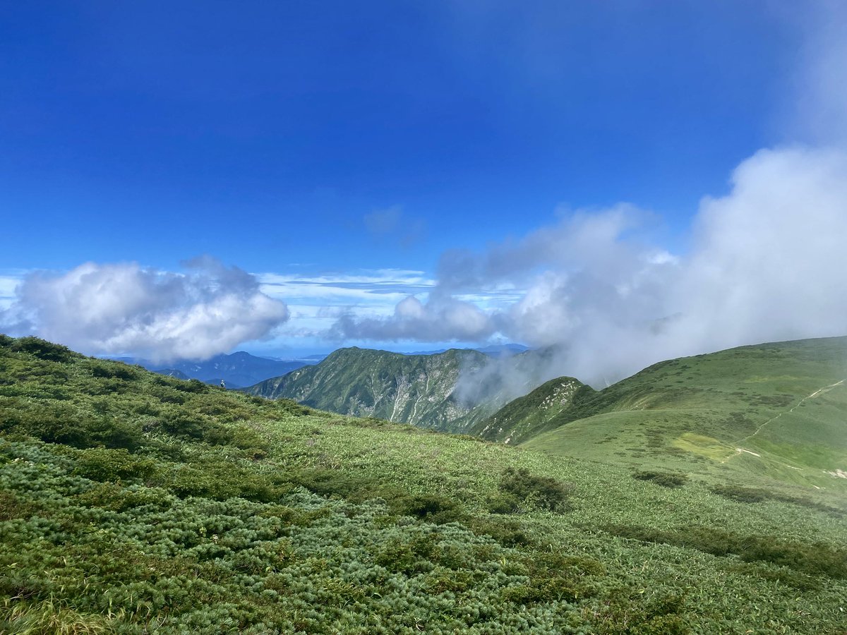 kako__A's tweet photo. 大朝日岳　1870m 日本百名山　
\( ˆoˆ )/

ガス霧雨の中、古寺鉱泉登山口〜古寺山〜小朝日岳〜大朝日岳
長いしアップダウンきついし大変だったけど、上に行ったら雲がどんどん晴れて雄大な山の姿と綺麗な稜線が姿を現し感動！
これを見るために登ってよかった♪

2026.8.15 https://t.co/4H72Ht0DEb