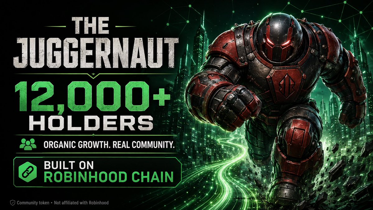 shibalunc's tweet photo. 12,000+ HOLDERS — still growing. 🟢🔥
$JUGGERNAUT is building one of the biggest holder communities among Robinhood Chain meme coins.
No overnight story.
Just organic growth, rising awareness and community becoming stronger every day.
#JUGGERNAUT #RobinhoodChain #Crypto #Memecoin https://t.co/dx2S2yd4jl