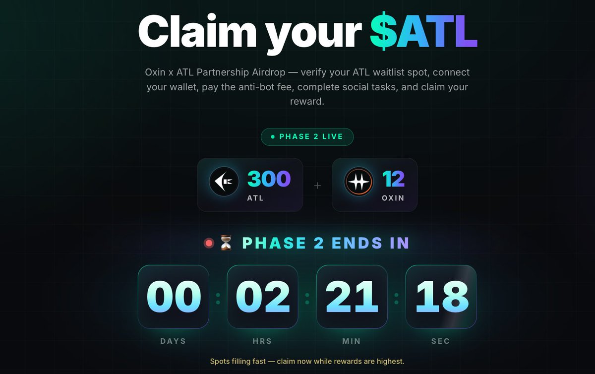 oxinchain's tweet photo. 🔥 CLAIM YOUR $ATL — PHASE 2 ENDING FAST! 🔥

Oxin Chain x AI Technology Labs Partnership Airdrop is LIVE! ⚡ Verify your ATL waitlist spot, connect your wallet, complete social tasks, and claim your reward — before it's too late!

🎁 Reward Pool:
 300 $ATL + 12 $OXIN per participant
⏳ Phase 2 ends in: just a couple of hours — the clock is ticking!
⚡ Spots filling fast — claim now while rewards are highest!

📌 How to Participate:
1️⃣ Verify your ATL waitlist spot
2️⃣ Connect your wallet & complete the tasks
3️⃣ Claim your $ATL + $OXIN instantly!
👉 Claim now: https://t.co/KgBoKj5uOB

🚨 This is your LAST CHANCE for Phase 2 — don't let the timer beat you!

#OxinChain #AiTechnologyLabs #ATL #CryptoAirdrop #MegaDrop #Web3