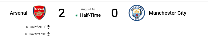Optiaime's tweet photo. 🔥 HALF TIME: ARSENAL 2 0 MAN CITY

Calafiori and Havertz have put Arsenal in full control so far. City need a massive response after the break.

Can Arsenal hold this lead or is a comeback coming? 👀 https://t.co/B5jUkr6rSt
