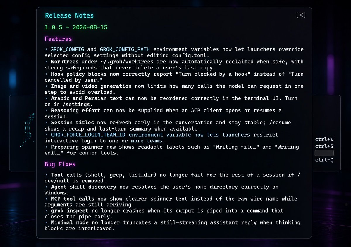 mark_k's tweet photo. Does the @SpaceXAI team ever sleep??

Grok Build 1.0.5 just dropped (2026-08-15) and it's packed.

Most important changes:

• GROK_CONFIG + GROK_CONFIG_PATH env vars let launchers override settings without touching config.toml
• Worktrees under ~/.grok/worktrees get automatically reclaimed when safe (with hard safeguards so your last copy never disappears)
• Image and video generation now limits how many calls the model can make in one step to stop overload
• Arabic and Persian text finally reorders correctly in the terminal UI (toggle it in /settings)
• Session titles refresh early and stay stable. /resume now shows a recap + last-turn summary
• Preparing spinner shows actual readable labels like "Writing file..." instead of generic noise
• GROK_FORCE_LOGIN_TEAM_ID lets you restrict interactive login to specific teams

Bug fixes that matter:
• Tool calls no longer die for the rest of the session if /dev/null gets removed
• Agent skill discovery finally resolves the home directory correctly on Windows
• MCP tool spinners are clearer while arguments are still streaming in
• Minimal mode no longer truncates a still-streaming reply when thinking blocks interleave

Solid quality-of-life drop. The CLI keeps getting sharper.