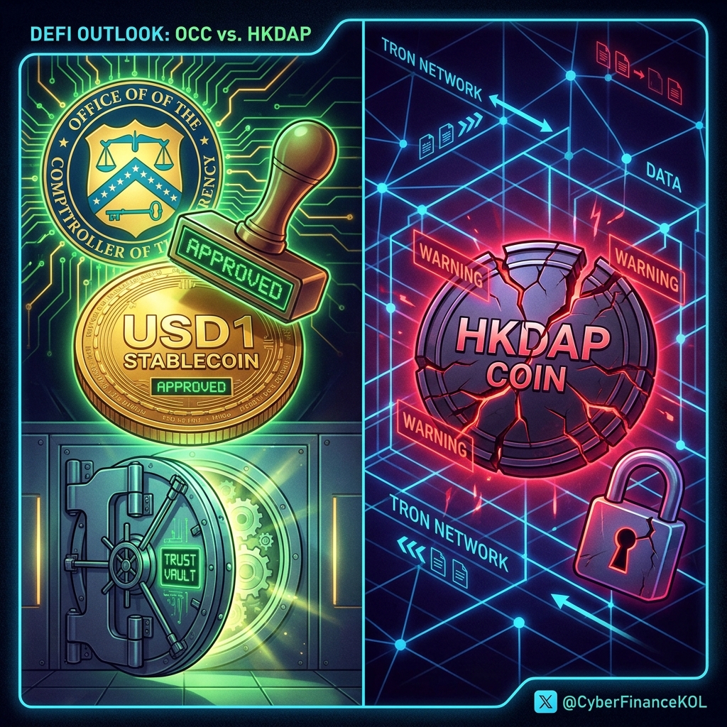 0xFallingAngel's tweet photo. OCC charters WLFI for USD1 at $4B cap—licensed infra win. HKDAP flops on critical audit flaws. TRON leads with $89B+ USDT volumes. Yield stables &amp; new chains next. Sharp regulatory edge. NFA DYOR https://t.co/0EmLRNItPN