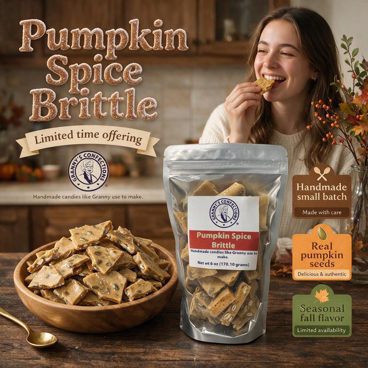 grannysconfect's tweet photo. Granny's Confections Pumpkin Spice Brittle—a scrumptious treat that combines the beloved crunch of brittle with the warm, inviting notes of cinnamon, nutmeg, and clove, made with real pumpkin seeds. https://t.co/D4OCCRAIET https://t.co/fltP7dJq7N
