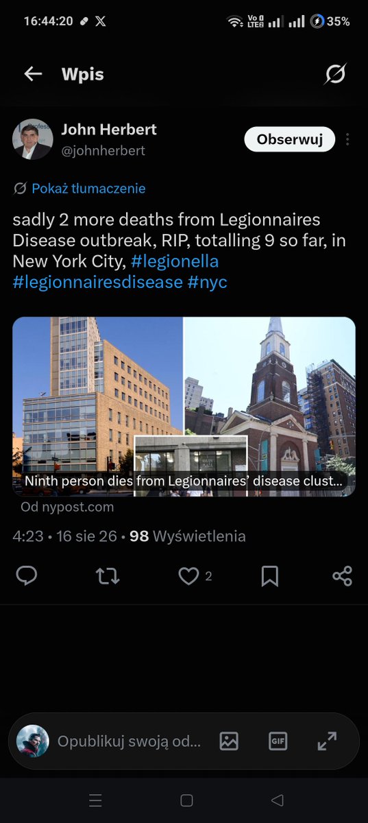 AdamRomk's tweet photo. According  to WHO report 2 persons died in NYC and 9 since outbreak

In France there are 43 cases and 2 new deaths caused by 

Legionella virus

This is new Outbreak

$Legionella

5nKuz7f6ezY3JAVYjVmnG15hS7WndraJ5j8VsAdrpump

@TheTanjiro_

Take a look https://t.co/gk1RFT4Xwy
