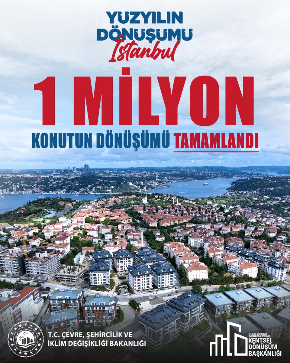 kdbgovtr's tweet photo. İstanbul'un dönüşümünde dev bir kilometre taşı! 🇹🇷

Çevre, Şehircilik ve İklim Değişikliği Bakanlığımızın öncülüğünde, Kentsel Dönüşüm Başkanlığı olarak; Bakanlığımızın tüm ilgili ve bağlı kuruluşları, paydaşlarımız ve vatandaşlarımızla birlikte omuz omuza vererek İstanbul'umuzda tam 1 milyonuncu konutu dönüştürmenin haklı gururunu yaşıyoruz. 🏢✨

Bu büyük vizyonun hayata geçirilmesinde bizlere her daim liderlik eden Sayın Bakanımız @murat_kurum’a şükranlarımızı sunuyoruz. 🙏

İlk günkü kararlılık ve azimle; milletimizle el ele vererek sadece İstanbul'umuzu değil, ülkemizin dört bir yanını depreme dirençli, güvenli ve modern yarınlara hazırlamak için durmaksızın çalışmaya devam edeceğiz! 🇹🇷💪