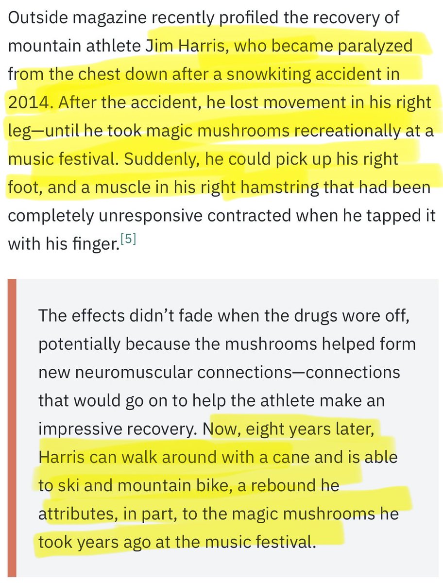 VictorFromDE's tweet photo. Man paralyzed from the chest down regained movement and is now able to walk, ski and mountain bike after using mushrooms (active ingredient psilocybin).

Psilocybin has the ability to rewire the brain and spine. It can reverse brain damage, dementia and reverse stroke damage if used early enough after the stroke.