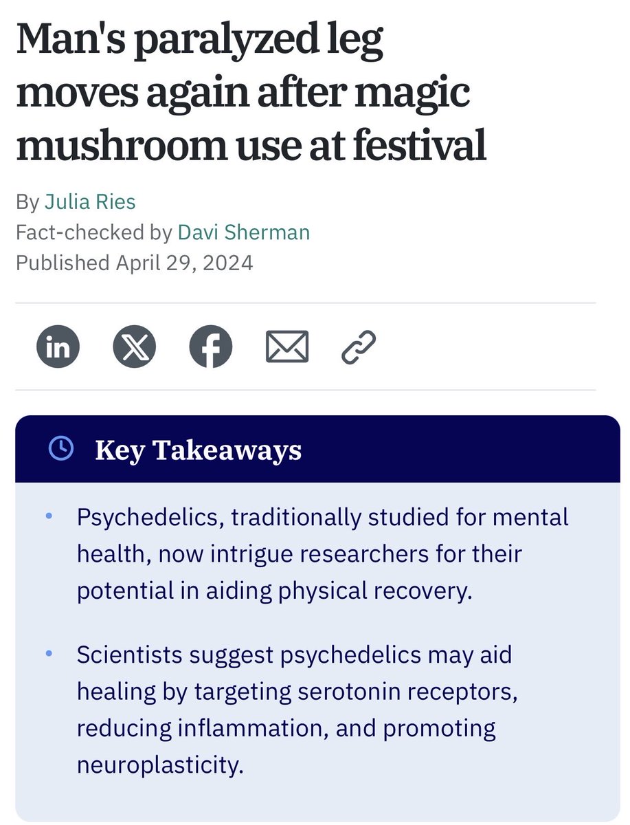 VictorFromDE's tweet photo. Man paralyzed from the chest down regained movement and is now able to walk, ski and mountain bike after using mushrooms (active ingredient psilocybin).

Psilocybin has the ability to rewire the brain and spine. It can reverse brain damage, dementia and reverse stroke damage if used early enough after the stroke.