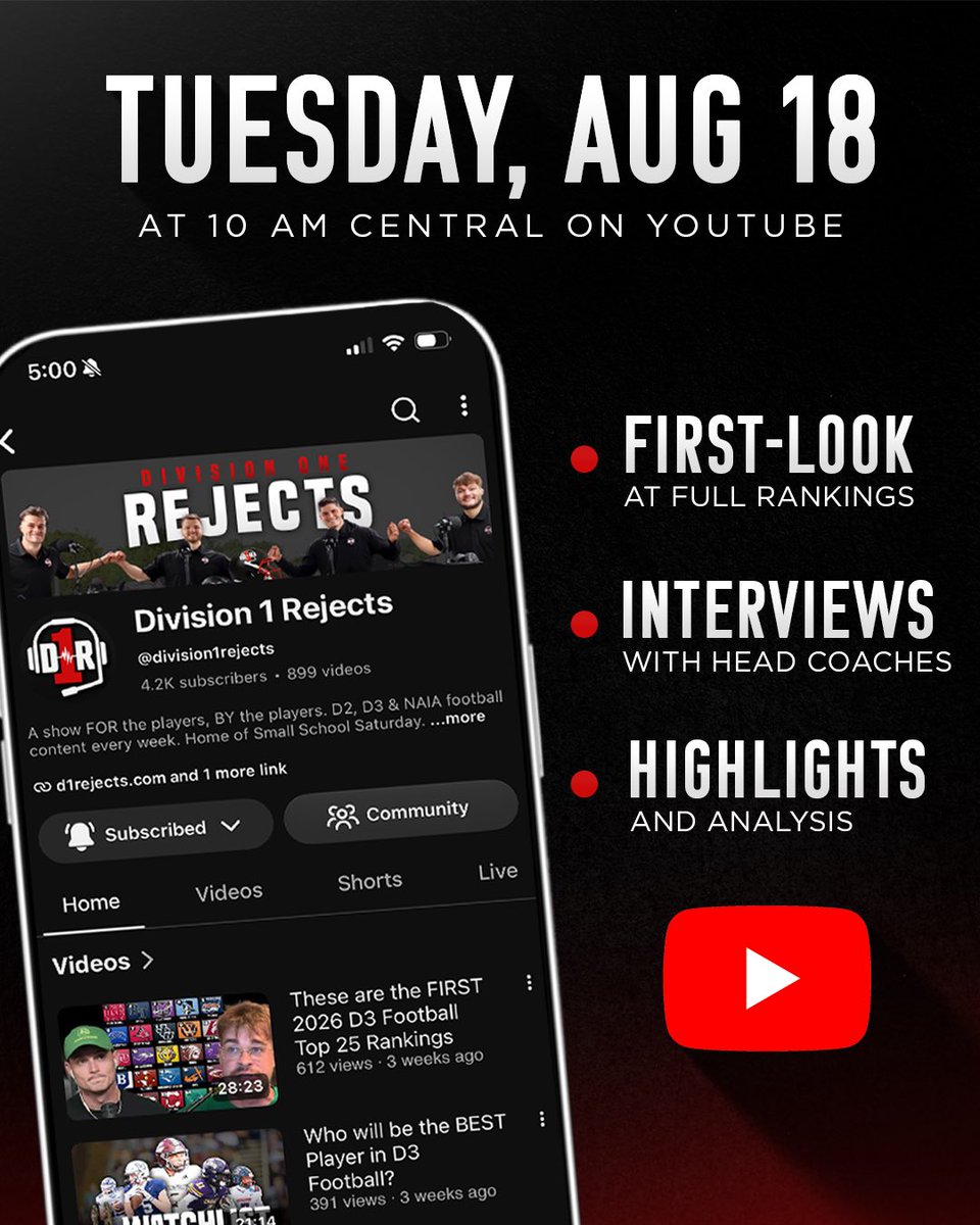 D1_Rejects's tweet photo. The 𝗙𝗜𝗥𝗦𝗧-𝗟𝗢𝗢𝗞 at the Top 2️⃣5️⃣ 👀

We’re partnering with @WeAreAFCA to give you a 𝒍𝒊𝒗𝒆 reveal of the D2 preseason coaches poll 🤝

📺 Tuesday at 10 AM CT 

#D1R | #D2FB https://t.co/hvAJB3Cz6q