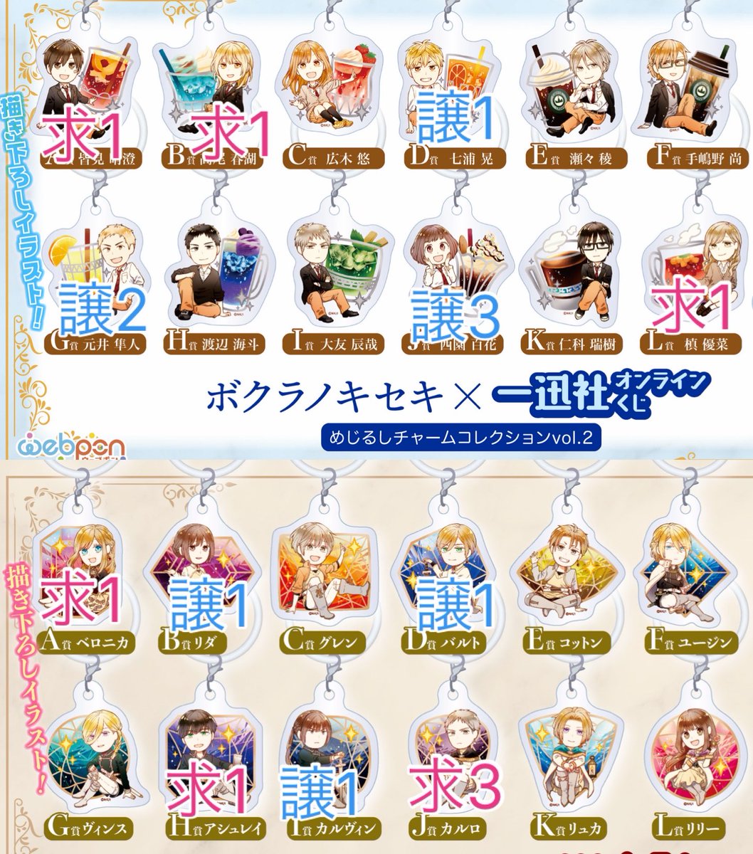 mioxbon's tweet photo. 【交換】ボクラノキセキ ボクセキ めじるしチャームコレクション vol.1 vol.2

譲: 七浦、元井、百花、リダ、バルト
      カルヴィン
求: 皆見、春湖、槙、カルロ、ベロニカ
　  アシュレイ
      
郵送での交換希望
譲・求どちらも定価＋送料で買取等可能です
検索からでもお気軽にお声かけください https://t.co/KkZHff0sWQ