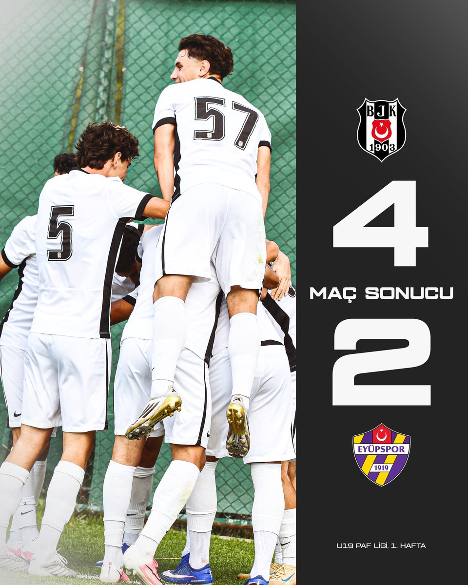 BjkAkademi's tweet photo. U19 PAF Ligi 1. Haftasında evimizde galibiyet bizim! 💪

Beşiktaş 4:2 Eyüpspor

⚽️ 8’ Batuhan Fazıl
⚽️ 19’ Sarp Karatopraklı
⚽️ 22’ Alamgir Smakov
⚽️ 24’ Ali Pağda https://t.co/oU5tugdl9t