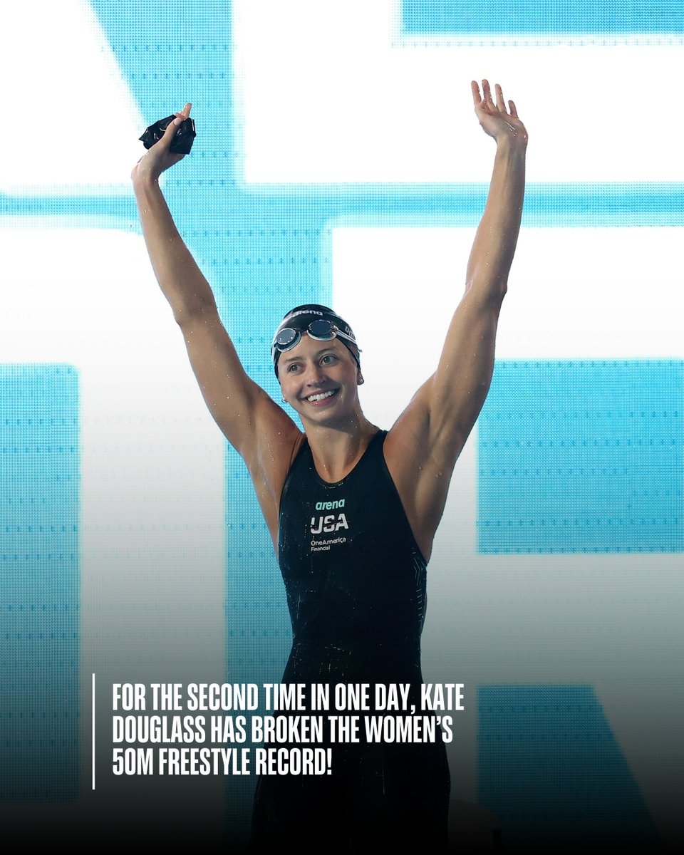 Olympics's tweet photo. Kate Douglass SMASHES the 50m freestyle world record... Again!

The American first swam to a new mark of 23.49 in the morning heats of the 2026 Pan Pacific Championships before a blistering time of 23.19 in the evening final 🤩

As we get closer to #LA28, could Douglass break the 23-second barrier?

#WorldRecord #Swimming #RoadtoLA28