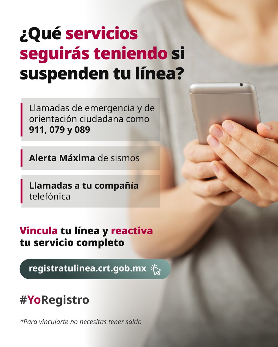 CRTGobMX's tweet photo. ⚠️Al cumplirse el plazo de la vinculación de tu línea, tu compañía telefónica la suspenderá dentro de las 72 horas siguientes, pero seguirás teniendo algunos servicios como llamadas de emergencia. 📲

Recupera tu servicio completo vinculando tu línea en: https://t.co/5fdrUWqeql 👈🔗

#YoRegistro #vinculacióndelíneas #crt