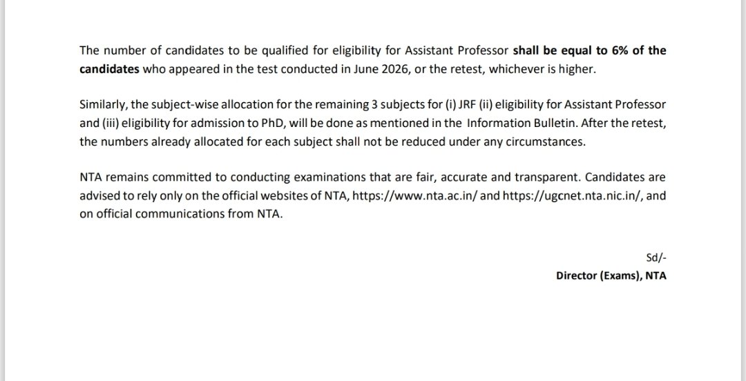 NTA_Exams's tweet photo. 📢 UGC-NET June 2026 | Important Notice

NTA had received several complaints about multiple errors in the papers of English, Commerce and Sociology. NTA formed a committee to enquire into and look into these errors and as per the recommendation of the committee,  NTA will re-conduct exams in these subjects to ensure a fair and error-free examination.

🗓️ Re-examination schedule:
•English: 9 Sep 2026, Shift 1
•Commerce: 9 Sep 2026, Shift 2
•Sociology: 10 Sep 2026, Shift 1

✅ No additional fee for these candidates.
✅ Results for the other 84 subjects will be declared as scheduled.
✅ Allocation of seats will not be reduced.

Details: https://t.co/KLjp2oELYP
Rely only on official NTA communications.
#NTA #UGCNET