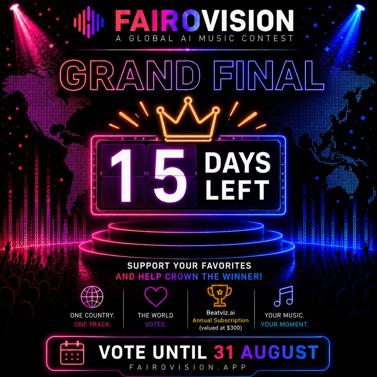 FairoVision's tweet photo. ⏳ 15 days left!

The #FairoVision Grand Final is on. 🌍🎶

54 countries. 54 finalists. One global winner. 👑

Discover the finalists and cast your vote before 31 August.

🌐 https://t.co/yrSM3e2WSC

#AIMusic #sunoAI https://t.co/g32oscU1RE