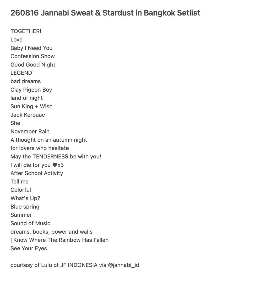 JANNABI_ID's tweet photo. 260816 Setlist Jannabi Sweat &amp; Stardust di Bangkok

#JANNABI #JannabiinBKK https://t.co/XfpdPCdYns