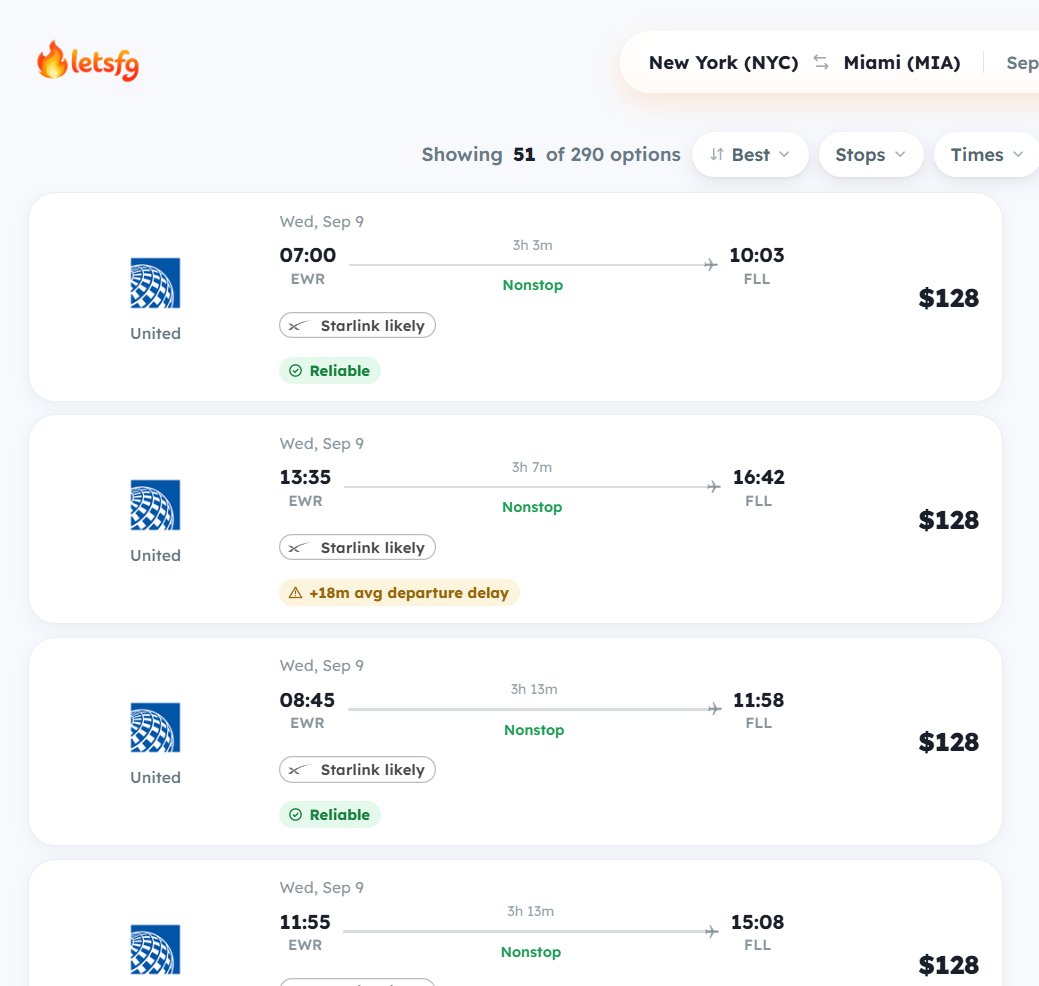amjaworsky's tweet photo. I love this. I made a website to book flights, and it shows which flights have starlink. https://t.co/vvB03dstKZ