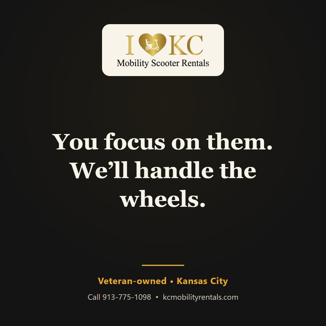 MobilityKC's tweet photo. You focus on them. We’ll handle the wheels. We rent mobility scooters, wheelchairs, knee scooters, rollators and transport chairs — delivered to your hotel across the Kansas City metro. Call 913-775-1098. #KansasCity #MobilityScooterRental #RollatorRental  #RestoreMobility https://t.co/yJOjfr3qqe