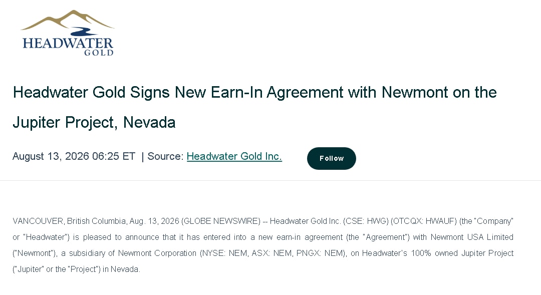 FSantellan88579's tweet photo. NEWMONT JUST SHOWED WHY EARLY EXPLORATION MATTERS

Newmont can spend up to $30M to earn 75% of Headwater Gold’s Jupiter project, starting with a firm $2.5M commitment. Majors still pay for geological optionality. NRED now has a 42-hectare Wilmac geophysical target waiting to be tested