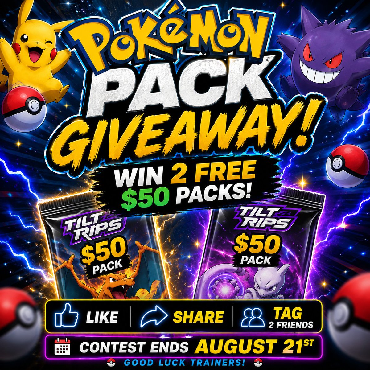 TCG_AZ's tweet photo. TILT RIPS GIVEAWAY!!!
2x $50 Tilt Rips packs up for grabs!

Rules:
1. Like, repost, tag 2 friends and comment your tilt rips user name
2. Follow @TCG_AZ and @TiltRips
3. Sign up for an account if you haven’t done so already! And make sure to get your FREE $10 pack when you grab a $10 pack with code FREEPACK10

Sign up with the link in bio or here: https://t.co/WMYPgTBCi8

Winners chosen Thursday (8/21) at 2pm PST

GOOD LUCK RIPPERS!!
