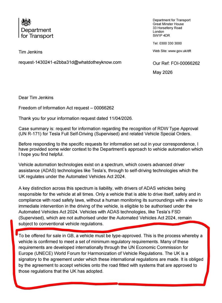TimEppy's tweet photo. @EvEvangelist @NotAnFSDTracker @UNECE This was done earlier in the year, with a response from the UK department of transport that they are obligated to approve UNECE 171 when it is adopted in January 2027. https://t.co/Bbr9w9nvwk