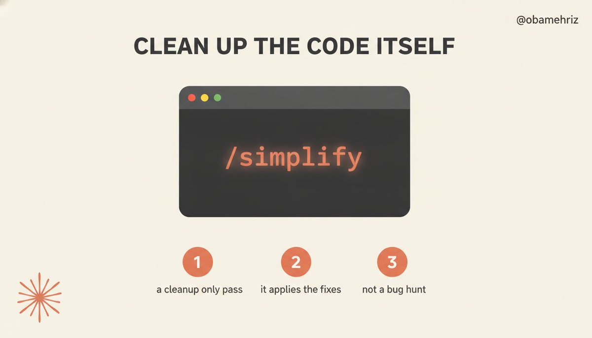 obamehriz's tweet photo. كودك يشتغل صح بس فيه تكرار وتعقيد زايد؟ اكتب /simplify بكلود كود. هذي مراجعة تنظيف فقط: يشوف التكرار والتعقيد ويطبق التحسينات بنفسه. ما يدور على أخطاء، هذي شغلة /review 🧹
#الذكاء_الاصطناعي #AI #Claude https://t.co/AjgwhQKxqK