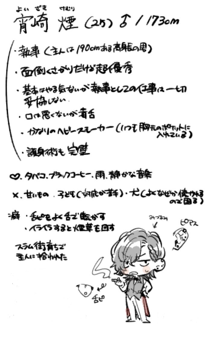 hiiyo_yo's tweet photo. 宵崎煙(よいざき けむり)
25歳/♂/173cm
・執事
・面倒くさがりだけど超優秀
・基本やる気ないが執事としての仕事は一切妥協しない
・口は悪くないが毒舌
・かなりのヘビースモーカー
・護身術も完璧
♡タバコ、ブラックコーヒー、雨、静かな音楽
癖→舌ピをよく舌で転がす、イライラするとタバコ回す https://t.co/WyJlBUE2rU