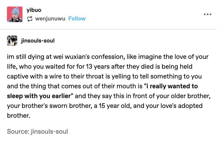 Elizabethswwann's tweet photo. Nobody will ever convince me wei wuxian’s confession wasn’t the most wei wuxian thing imaginable iconic, shameless, romantic and absolutely insane all at once. https://t.co/PpeQXLQbbX