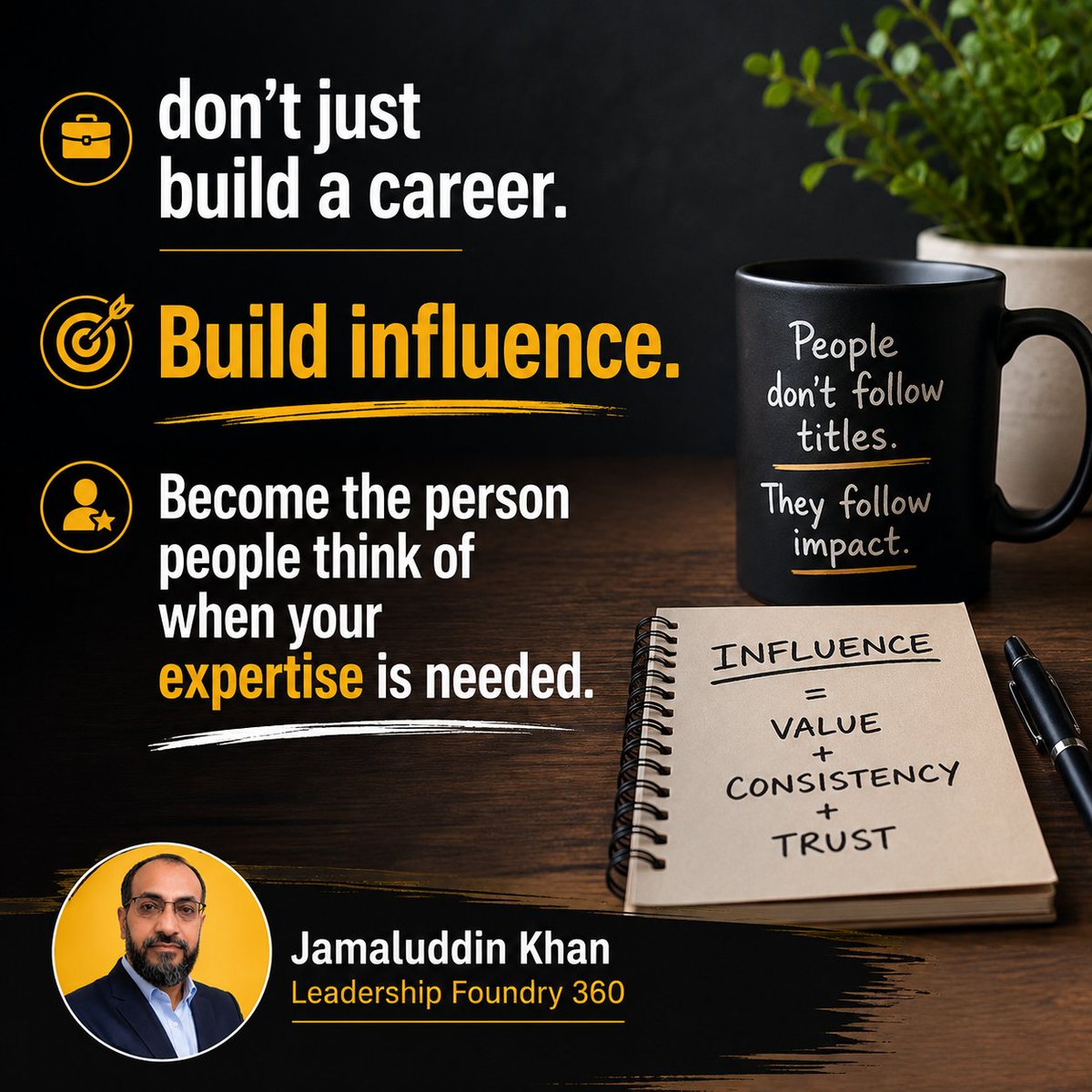 Jamaluddin_Lead's tweet photo. Your title gets attention.

Your consistency builds familiarity.

Your value builds trust.

In the digital age, people don’t follow logos. They follow people they recognize, trust, and remember.

So don’t just build a career.

Build influence.

Become the person people think of when your expertise is needed.

#Leadership #PersonalBrand #KeyPersonOfInfluence
