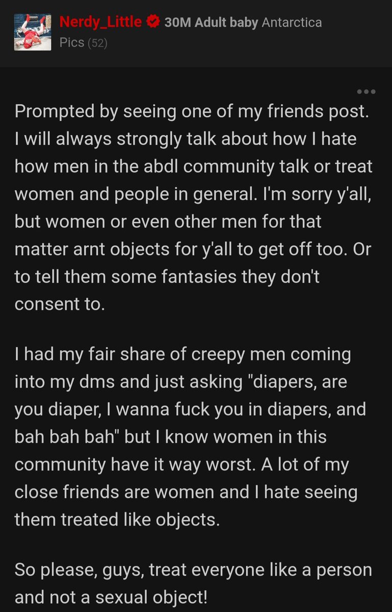 nerdy_little's tweet photo. I will never shut up about this topic. If you are a guy and wonder why women in this community don't talk to you, maybe stop thinking of them as just a diaper and more as a person. https://t.co/tRZBKf27lY