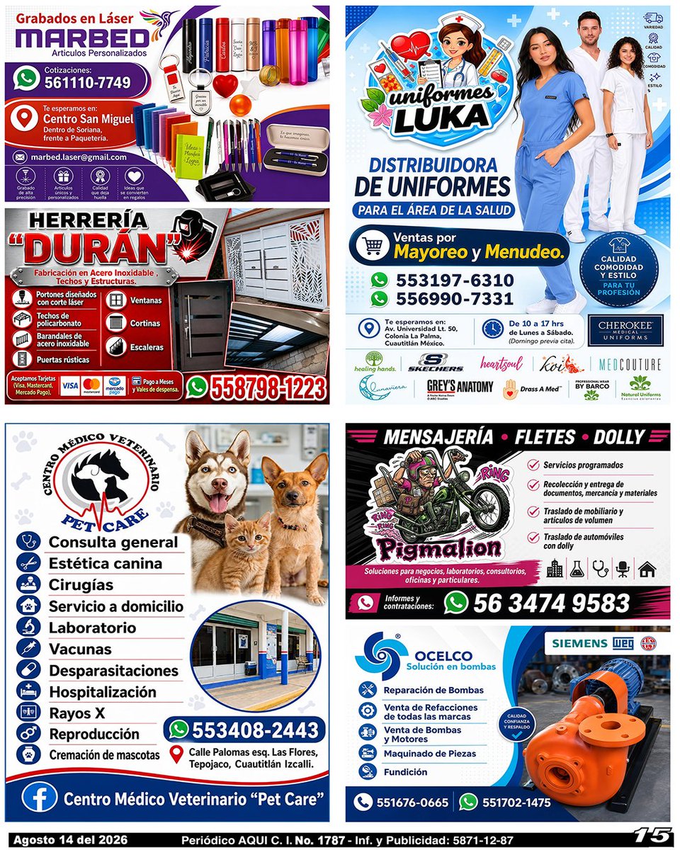 periodicoAQUI's tweet photo. #grabadolaser #herreria #uniformesmedicos #veterinario #esteticacanina #mensajeria #Fletes #bombas #motores #AQUICUAUTITLÁNIZCALLI
Compártelo, puede ser de utilidad para alguien.
Nuestra Edición Completa en:
https://t.co/nhsGHRaPrg https://t.co/Ucq8m7AvXl