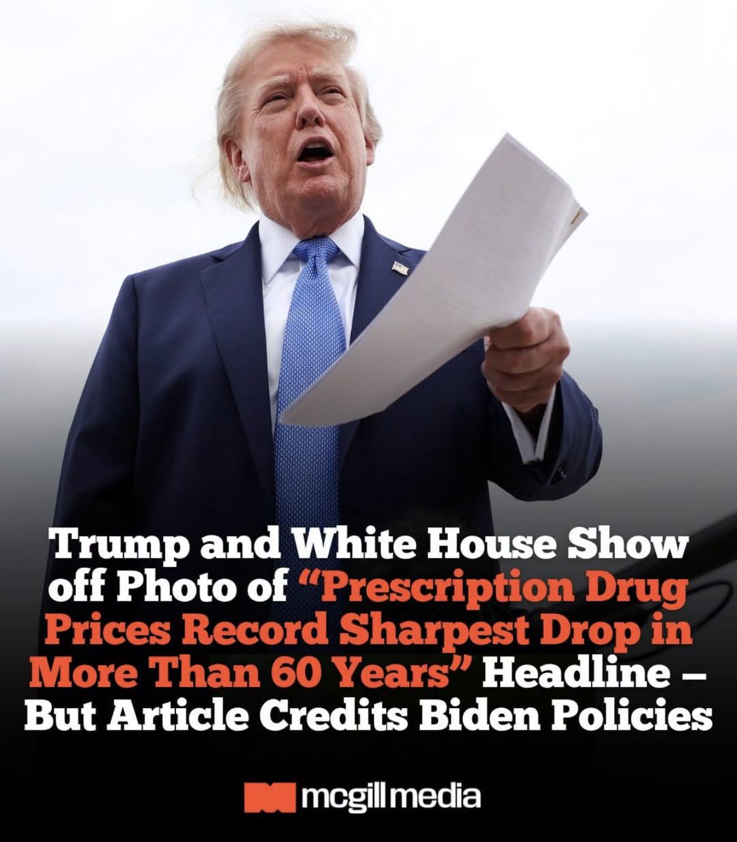 AnnieForTruth's tweet photo. Trump is again taking credit for something he didn’t do! On Saturday the White House widely shared a photo of Trump holding a Washington Post headline reading “Prescription drug prices record sharpest drop in more than 60 years.” But, the price drop is due to Biden’s policies! https://t.co/NhIjcMOWrv