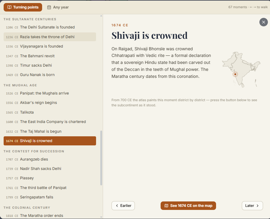 thekaipullai's tweet photo. Some new things being built on https://t.co/R4OsAdHen9, which hopefully should be rolled out tonight

Built a new events tab, that takes you thru all the important events in history
A new layout, where you can view both the empire and the district history side by side. 
Added some important temples, monuments, events that happened in that district 
A new Explore section where you can explore all kingdoms, districts and Bharatrajya Patras in one place. 

Also expanding the date to 700 CE. Research is still going on but hopefully by tomorrow, 400 more years of history where we get to see the Tripartite Struggle for Kanauj, the Rise of Cholas, Chalukyas and Pallavas now make their appearance here.