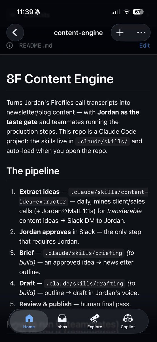Repo-native content pipeline screenshot showing folders, SOP-backed steps, and a content-engine workflow inside a normal project tree