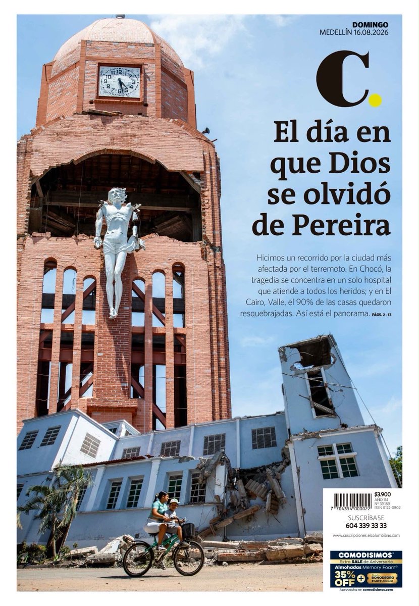 maurobucaro's tweet photo. En los periódicos impresos existió una figura muchas veces criticada y por pocos aceptada: la del editor de contenidos.

Hoy son pocos los editores que sobrevivieron, bajo la creencia de la inefabilidad del periodista, director o jefe de redacción.

Los resultados saltan a la vista en esta desastrosa primera página de El Colombiano.

Titulan sobre Pereira, en el texto referencian a Chocó y la foto corresponde a la iglesia de Quimbaya.

Nada puede desmejorar más…