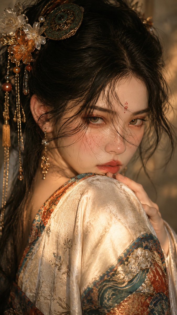 static_stare's tweet photo. 国风美学

GPT image2 提示词：

创作一幅9:16竖版古风时尚人物肖像，一位成年年轻女性以近景半身构图出现在画面中，身体大幅朝左前方转开，肩部与背部先进入画面，脸部从肩头上方强烈回望镜头，形成明显的“肩头回眸”姿势。镜头距离较近，焦点锁定眼睛、鼻梁、嘴唇与肩头，人物的手轻轻搭在肩膀或衣料边缘，指尖自然弯曲，强化含蓄而有张力的姿态。她拥有白皙细腻的肌肤、浅灰绿或浅琥珀色眼睛、柔雾橘棕眼妆、自然泛红的下眼睑、鼻梁与两颊细小雀斑、柔软豆沙蜜桃唇，额心点缀小巧红色花钿。发型为高盘发或半盘发，黑发松散挽起，配以华美中式头饰：鎏金结构、青绿珐琅、珠饰、花朵、流苏与细簪，鬓边与额前保留大量卷曲碎发和细发拂面。服装以米白旧丝绸与带青绿橙红纹样的古风织锦为主，肩部包裹宽松衣料。光线采用柔和暖金色侧前光，面部与肩头形成温润高光，背景极简、柔化、低对比，整体介于写实摄影与细腻绘画之间，气质冷静、华美、克制、带神秘感，不要影楼古装感。
