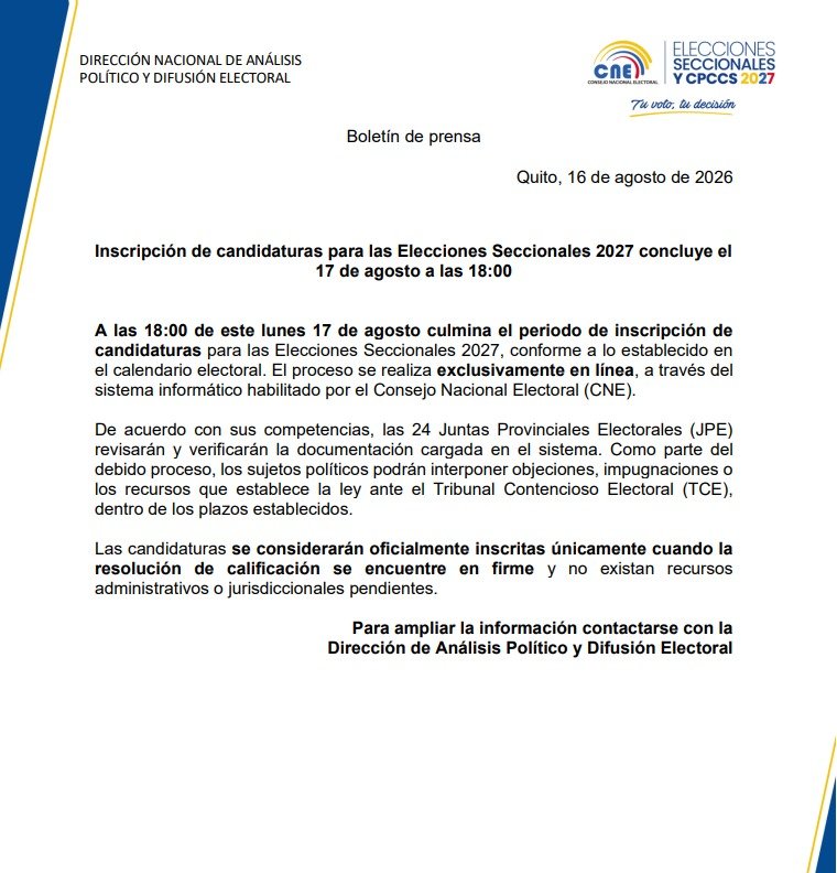 ecuainm_oficial's tweet photo. ‼️#URGENTE
A las 18h00 de este lunes 17 de agosto culmina el periodo de inscripción de candidaturas para las elecciones seccionales. Las 24 Juntas Provinciales Electorales (JPE) revisarán y verificarán la documentación cargada en el sistema. https://t.co/yXhM35JIR2