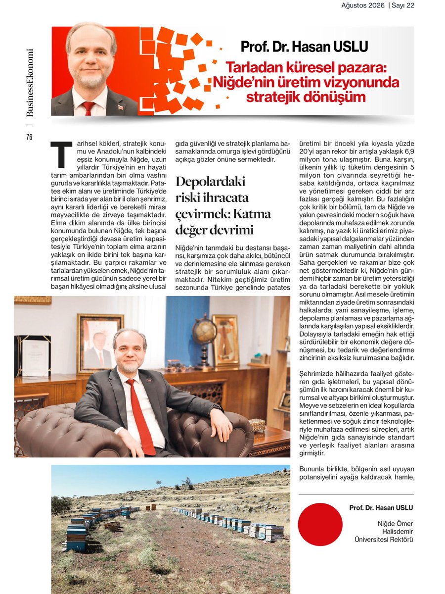 DrHasanUslu's tweet photo. Tarladan küresel pazara… 🌾🌍

Niğde’mizin üretim gücünü ve geleceğe dönük tarım vizyonunu ele aldığım yazım, Business Ekonomi dergisinin Ağustos sayısında yayımlandı.

Üreten, işleyen, markalaşan ve ihraç eden bir Niğde için…

#Niğde #Tarım #Üretim #İhracat https://t.co/lqXCc1jiVE