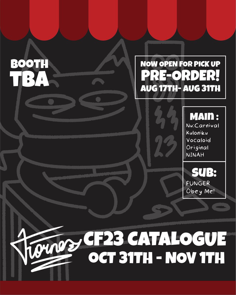 Fiorne_'s tweet photo. My CF23 PO is now open!
PO Duration: 17th - 31st August
BOTH DAYS pick-up!

Fandom List: Nu: Carnival (Nukani), Kuloniku, Vocaloid, No, I'm Not A Human (NINAH), Fear and Hunger (Funger), Obey Me, Original Vtuber/Sona

Catalogue and PO link in comment thread!
#CF23 #CF23Catalogue https://t.co/guEsXE5X3q