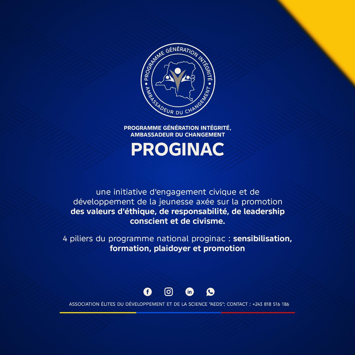 Princenzangi29's tweet photo. 📢 Rejoignez le PROGINAC (Programme Génération Intégrité Ambassadeur du Changement)
​Une initiative de l'AEDS axée sur :
✅ Éthique, Civisme &amp; Leadership
​🏛️ 4 Piliers : Sensibilisation | Formation | Plaidoyer | Promotion
​@_AfricanUnion @Presidence_RDC @GC_Youth4Peace @GenreRDC https://t.co/mf6Q8doAkP