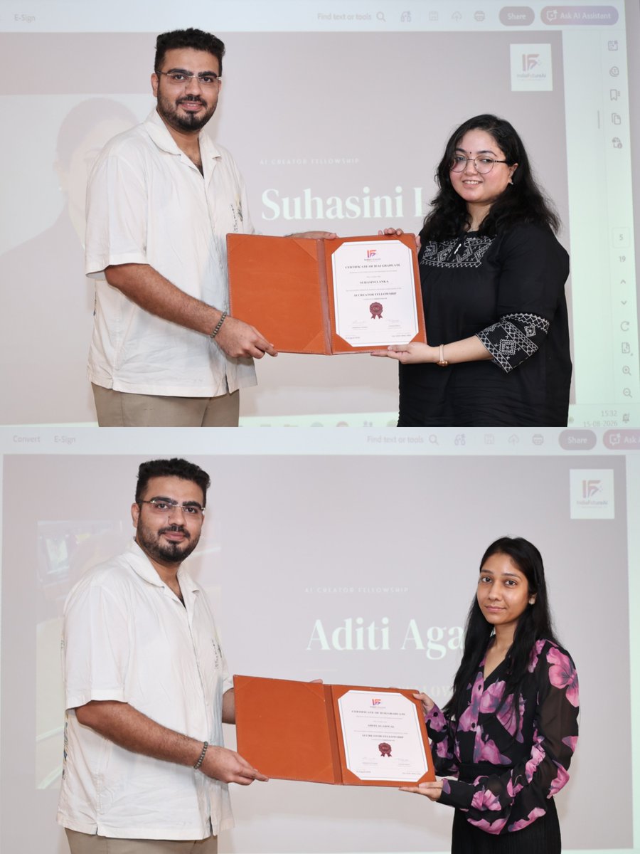 IndiaFutureAI's tweet photo. They came from different cities, backgrounds and professions.

They leave with one shared identity: AI Creator Fellows!🎓

Meet the graduating cohort of @
IndiaFutureAI’s AI Creator Fellowship. 🧵

@lanka_suhasini @aditiagarwal02 @Raveenatomar1 @saurabhk_83 @FutureEarthAi https://t.co/sFNBXGFj7X