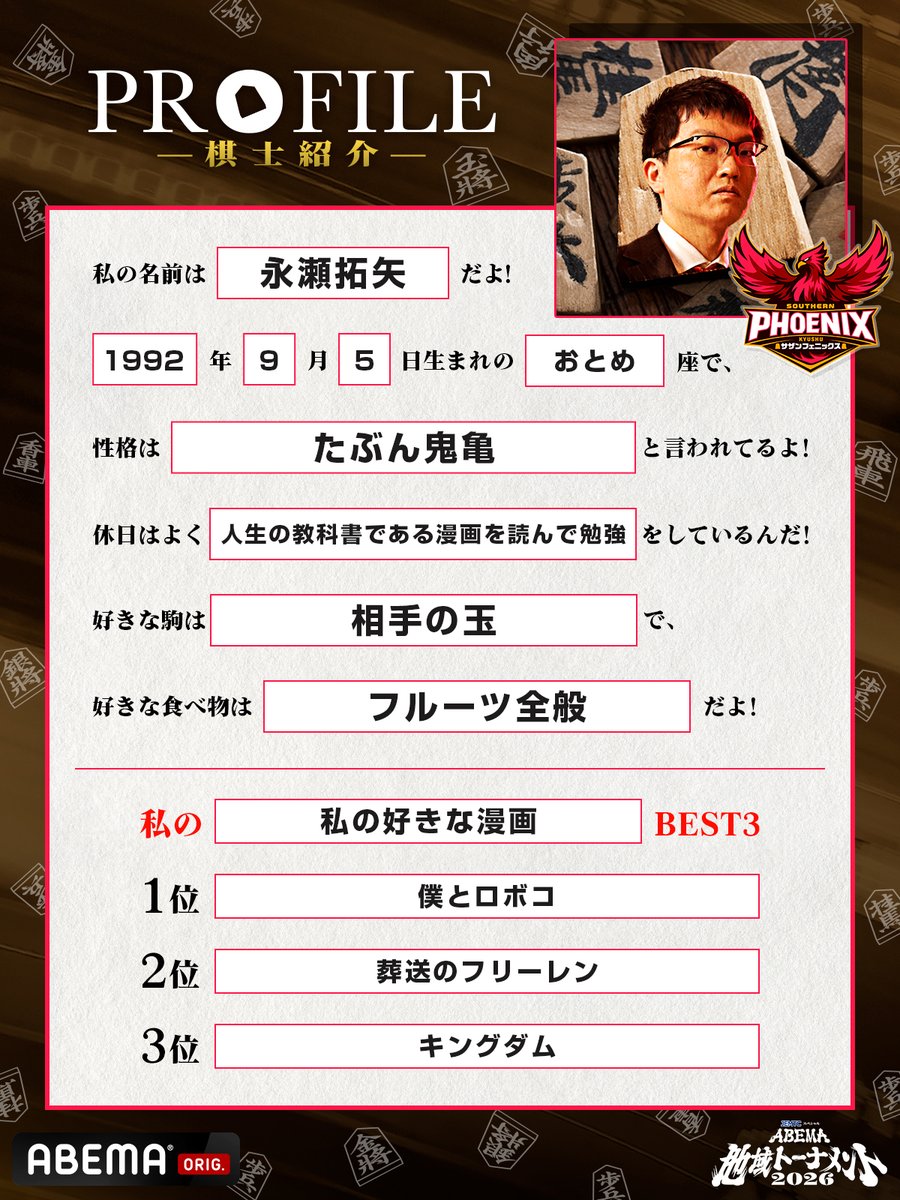 arm_Kyushu's tweet photo. チームメンバー各棋士のプロフィール帳を公開!!

第5弾は永瀬拓矢 九段
あなたの推し棋士を要チェック👀

準決勝第2試合は8/22(土)17:00~
ABEMAで無料生中継
▶️https://t.co/mHniH1HlOV https://t.co/JtUVHtqHQF